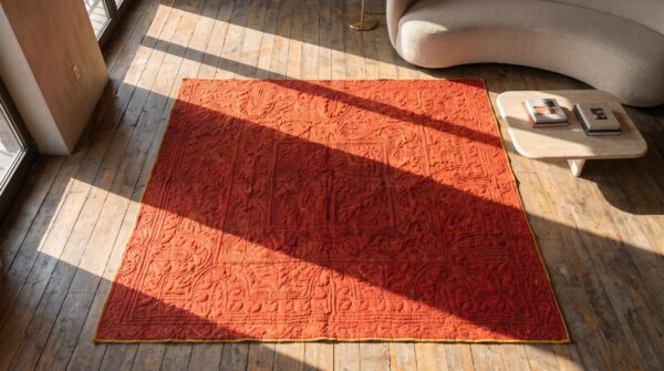 Antique american 1920s red square floral medallion wool hand knotted rug 2 Antique american 1920s red square floral medallion wool hand knotted rug (sku 20715) - styled overhead view