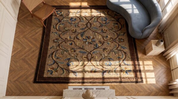 American 1930s hooked antique wool small scatter size rug (sku 19235) - styled overhead view