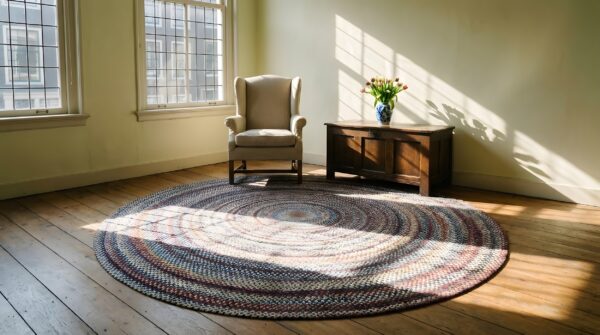 Antique american braided colorful round area rug (sku 25393) - room view