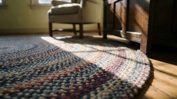 Antique american braided colorful round area rug (sku 25393) - in-room detail
