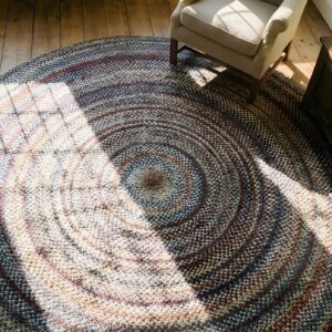 Antique American Braided Colorful Round Area Rug (SKU 25393) - styled overhead view