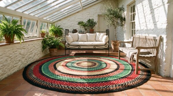 Antique american braided folk art rug 9' round, jewel tone colors 8 Antique american braided folk art rug 9' round, jewel tone colors (sku 24494) - room view