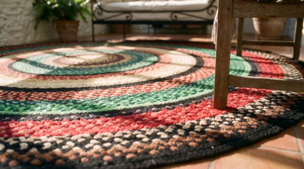 Antique american braided folk art rug 9' round, jewel tone colors 9 Antique american braided folk art rug 9' round, jewel tone colors (sku 24494) - in-room detail