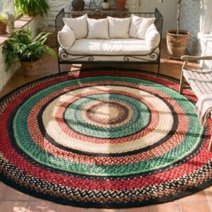 Antique American Braided Folk Art Rug 9' Round, Jewel Tone Colors (SKU 24494) - styled overhead view