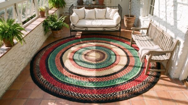 Antique american braided folk art rug 9' round, jewel tone colors 2 Antique american braided folk art rug 9' round, jewel tone colors (sku 24494) - styled overhead view