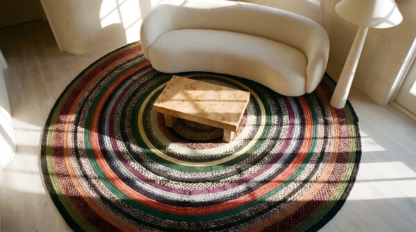 Antique american braided round rug with circular pattern 2 Antique american braided round rug with circular pattern (sku 23741) - styled overhead view