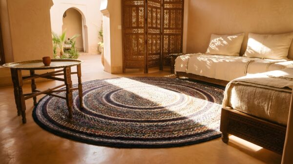 Antique american braided round geometric area rug (sku 25666) - room view