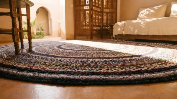 Antique american braided round geometric area rug (sku 25666) - in-room detail
