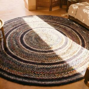 Antique American Braided Round Geometric Area Rug (SKU 25666) - styled overhead view