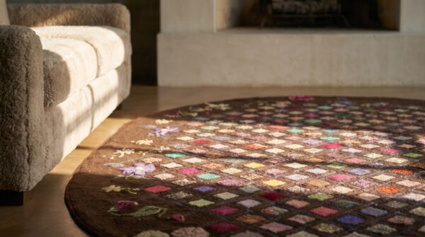 Antique american colorful artistic squares oval hooked rug 9 Antique american colorful artistic squares oval hooked rug (sku 19244) - in-room detail