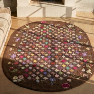 Antique American Colorful Artistic Squares Oval Hooked Rug (SKU 19244) - styled overhead view