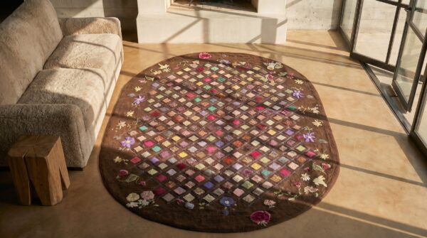 Antique american colorful artistic squares oval hooked rug 2 Antique american colorful artistic squares oval hooked rug (sku 19244) - styled overhead view