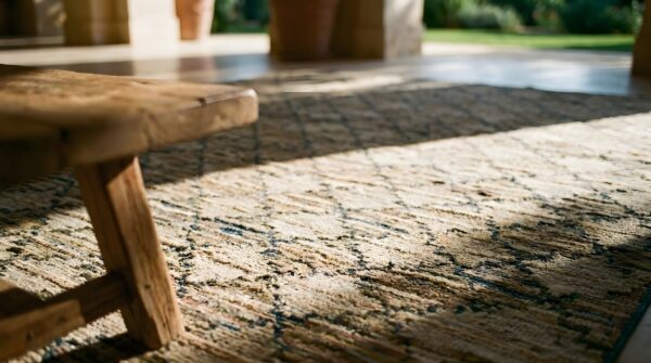 Antique american earth tone color room size folk art hooked rug 7 Antique american earth tone color room size folk art hooked rug (sku 24930) - in-room detail