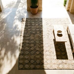 Antique American Earth Tone Color Room Size Folk Art Hooked Rug (SKU 24930) - styled overhead view