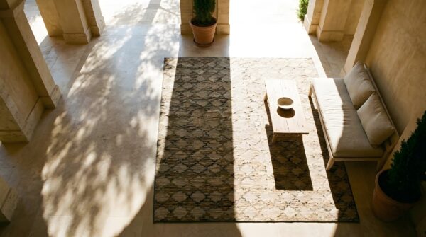 Antique american earth tone color room size folk art hooked rug 2 Antique american earth tone color room size folk art hooked rug (sku 24930) - styled overhead view
