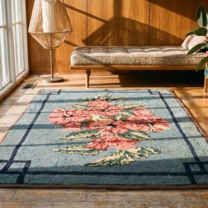 Antique American European Floral Pattern Medallion Blue Hooked Rug (SKU 20554) - room view