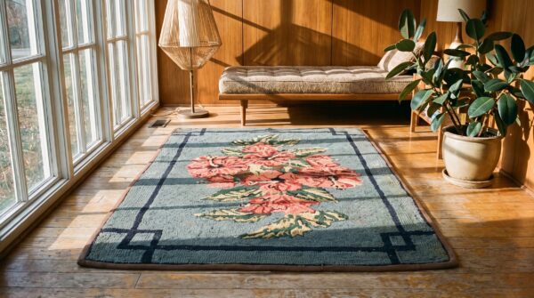 Antique american european floral pattern medallion blue hooked rug 7 Antique american european floral pattern medallion blue hooked rug (sku 20554) - room view