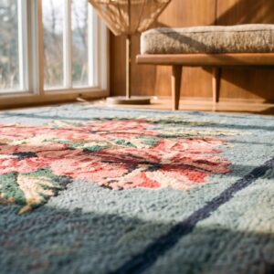 Antique American European Floral Pattern Medallion Blue Hooked Rug (SKU 20554) - in-room detail