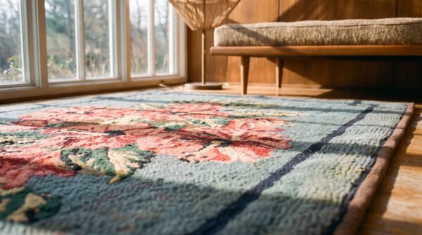 Antique american european floral pattern medallion blue hooked rug 8 Antique american european floral pattern medallion blue hooked rug (sku 20554) - in-room detail
