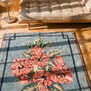 Antique American European Floral Pattern Medallion Blue Hooked Rug (SKU 20554) - styled overhead view