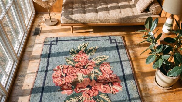Antique american european floral pattern medallion blue hooked rug 2 Antique american european floral pattern medallion blue hooked rug (sku 20554) - styled overhead view