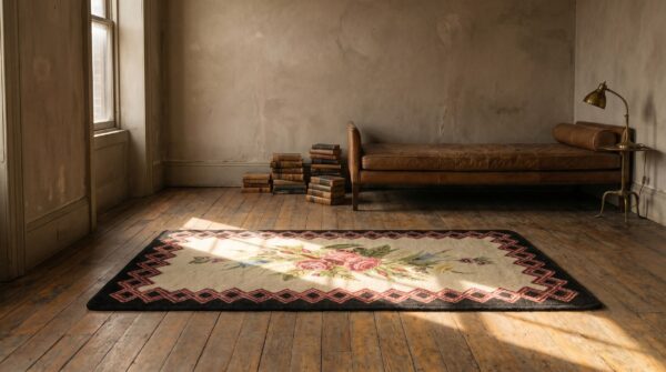 Antique american floral rose pattern center hooked rug 6 Antique american floral rose pattern center hooked rug (sku 17207) - room view