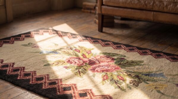 Antique american floral rose pattern center hooked rug 7 Antique american floral rose pattern center hooked rug (sku 17207) - in-room detail