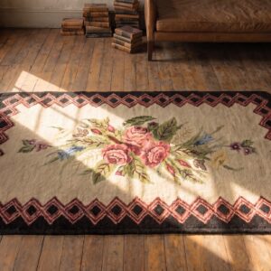 Antique American Floral Rose Pattern Center Hooked Rug (SKU 17207) - styled overhead view