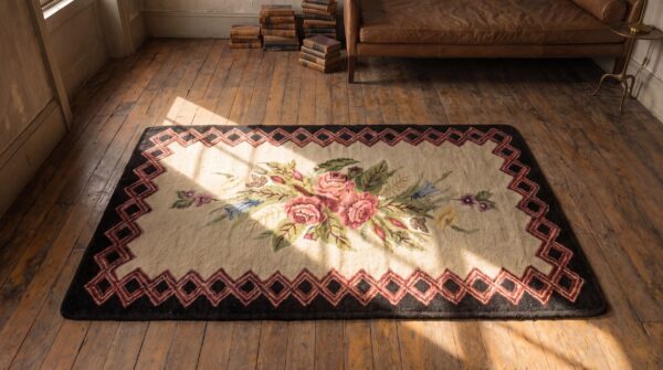 Antique american floral rose pattern center hooked rug 2 Antique american floral rose pattern center hooked rug (sku 17207) - styled overhead view