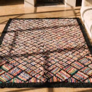 Antique American Folk Art Basket Weave Design Hooked Rug (SKU 20290) - styled overhead view