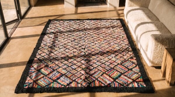 Antique american folk art basket weave design hooked rug 2 Antique american folk art basket weave design hooked rug (sku 20290) - styled overhead view