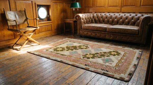 Antique american folk art diamond in square pattern hooked rug (sku 18413) - room view