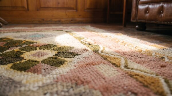 Antique american folk art diamond in square pattern hooked rug (sku 18413) - in-room detail