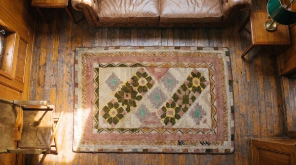 Antique american folk art diamond in square pattern hooked rug (sku 18413) - styled overhead view