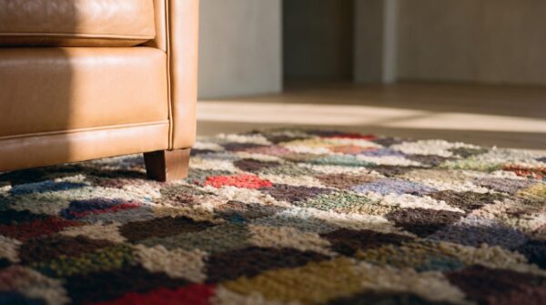 Antique american folk art "hit-or-miss" geometric diamond hooked rug 9 Antique american folk art "hit-or-miss" geometric diamond hooked rug (sku 25073) - in-room detail