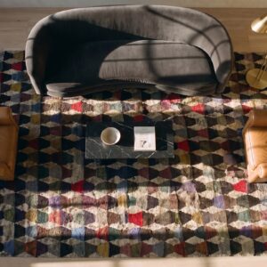 Antique American Folk Art "Hit-or-Miss" Geometric Diamond Hooked Rug (SKU 25073) - styled overhead view