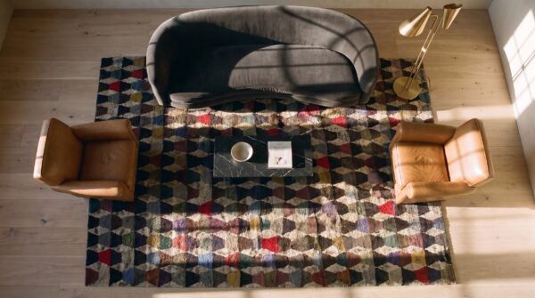 Antique american folk art "hit-or-miss" geometric diamond hooked rug 2 Antique american folk art "hit-or-miss" geometric diamond hooked rug (sku 25073) - styled overhead view