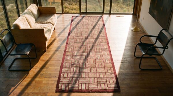 Antique american folk art hooked hallway runner rug 2 Antique american folk art hooked hallway runner rug (sku 19237) - styled overhead view