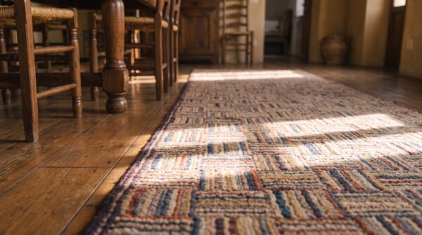 Antique american folk art hooked wool hallway runner rug 8 Antique american folk art hooked wool hallway runner rug (sku 20792) - in-room detail