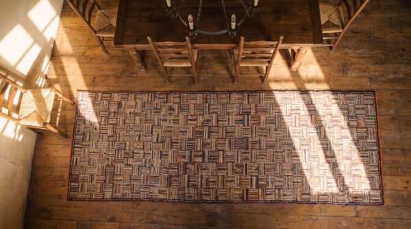 Antique american folk art hooked wool hallway runner rug 2 Antique american folk art hooked wool hallway runner rug (sku 20792) - styled overhead view