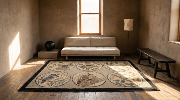 Antique american folk art naturalist design hooked bird rug 8 Antique american folk art naturalist design hooked bird rug (sku 20225) - room view