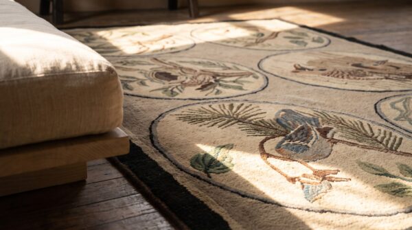 Antique american folk art naturalist design hooked bird rug 9 Antique american folk art naturalist design hooked bird rug (sku 20225) - in-room detail