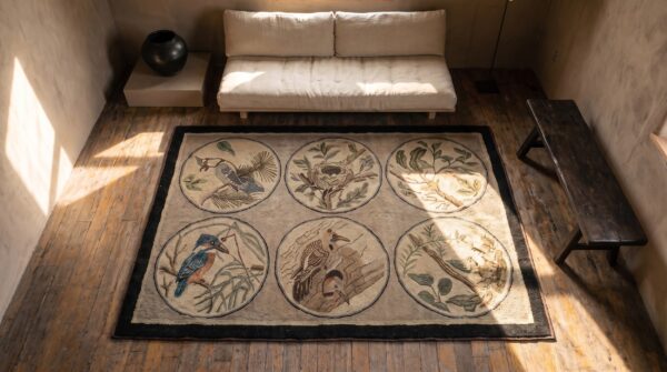 Antique american folk art naturalist design hooked bird rug 2 Antique american folk art naturalist design hooked bird rug (sku 20225) - styled overhead view
