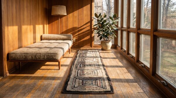 Antique american folk art pattern hallway hooked runner rug 5 Antique american folk art pattern hallway hooked runner rug (sku 20449) - room view
