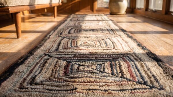 Antique american folk art pattern hallway hooked runner rug 6 Antique american folk art pattern hallway hooked runner rug (sku 20449) - in-room detail