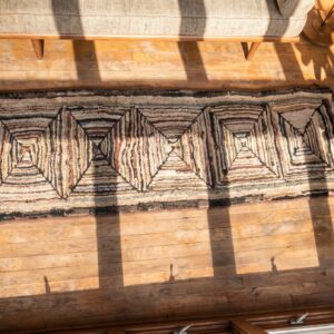 Antique American Folk Art Pattern Hallway Hooked Runner Rug (SKU 20449) - styled overhead view