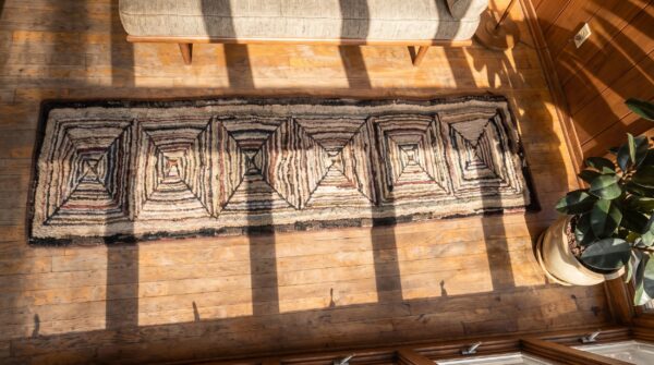 Antique american folk art pattern hallway hooked runner rug 2 Antique american folk art pattern hallway hooked runner rug (sku 20449) - styled overhead view