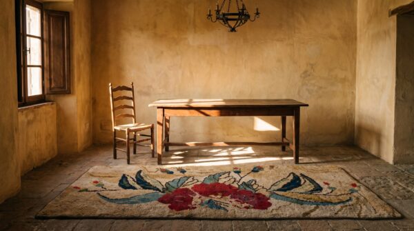 Antique american folk art red rose pattern hooked rug (sku 20525) - room view