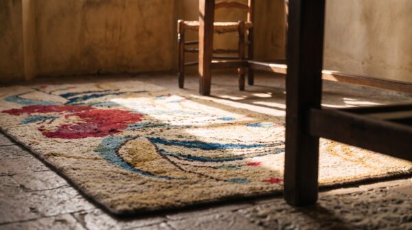Antique american folk art red rose pattern hooked rug (sku 20525) - in-room detail