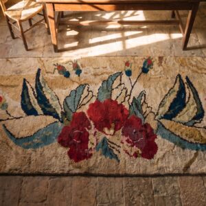 Antique American Folk Art Red Rose Pattern Hooked Rug (SKU 20525) - styled overhead view